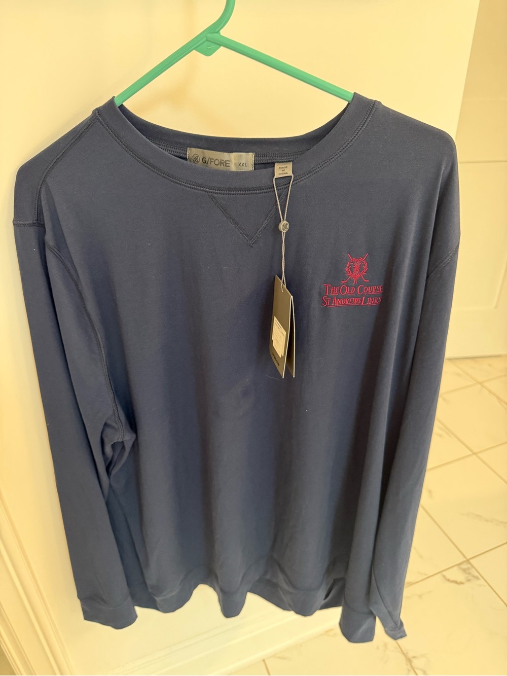 G/FORE Navy Long-Sleeve Crewneck with Red Embroidered Logo